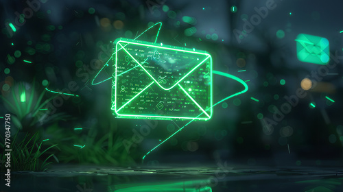 Glowing Green Email Icon Soars: Powering Your Marketing Automation and Email Strategy with Neon Precision, Save papers