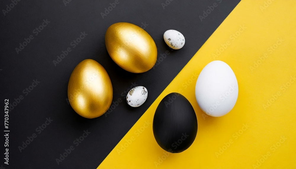 Elegant Easter Arrangement: Minimalist Concept with Eggs on Yellow-Black - obrazy, fototapety, plakaty 