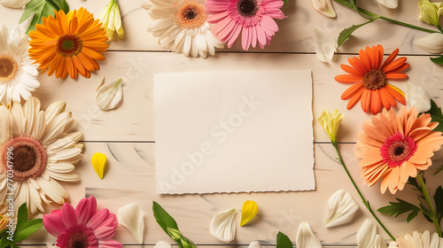 ベージュの木目の机の上に横向きの破ったメモ用紙のモックアップ、周りに淡いカラーのいろんなお花が飾ってある
