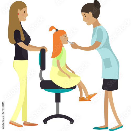 Doctor podiatrist examining throat of little child patient vector icon isolated on white
