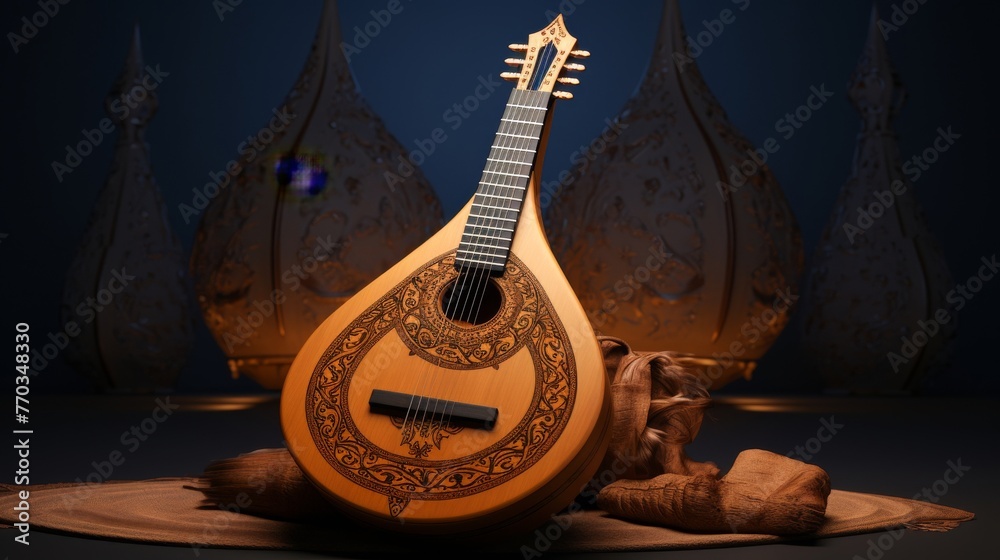 Render a musical creation influenced by the sounds of the Middle Eastern oud - obrazy, fototapety, plakaty 