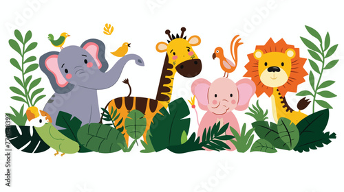 Cartoon wild animals in the jungle flat vector isolated © Roses