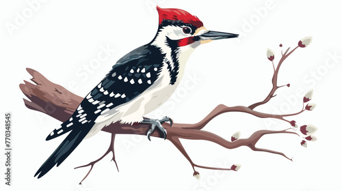 Cartoon woodpecker on a tree flat vector isolated on white photo