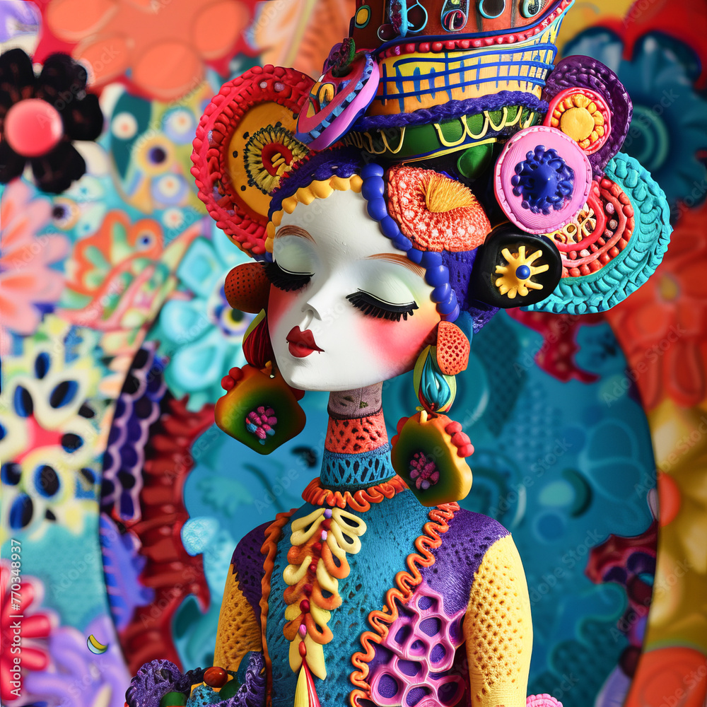 Express the harmonious blend of vibrant hues in a whimsical piece inspired by childrens lead dolls