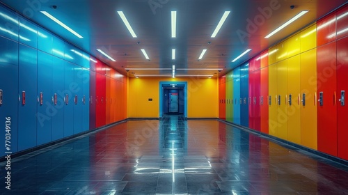 Colorful School Lockers in Sunlit Hallway