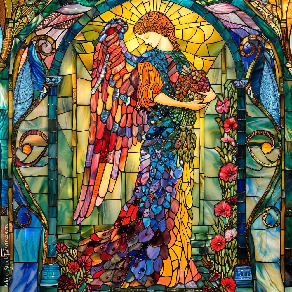 An angel standing guard at the gates of paradise captured in the vibrant colors of stained glass