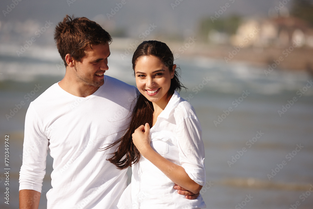 Couple, man and woman on vacation, island and smile for getaway, travel and honeymoon in Bali. Husband, wife and love with happiness, union and companionship at beach or seaside in Indonesia Couple, man and woman on vacation, island and smile for getaway, travel and honeymoon in Bali. Husband, wife and love with happiness, union and companionship at beach or seaside in Indonesia
