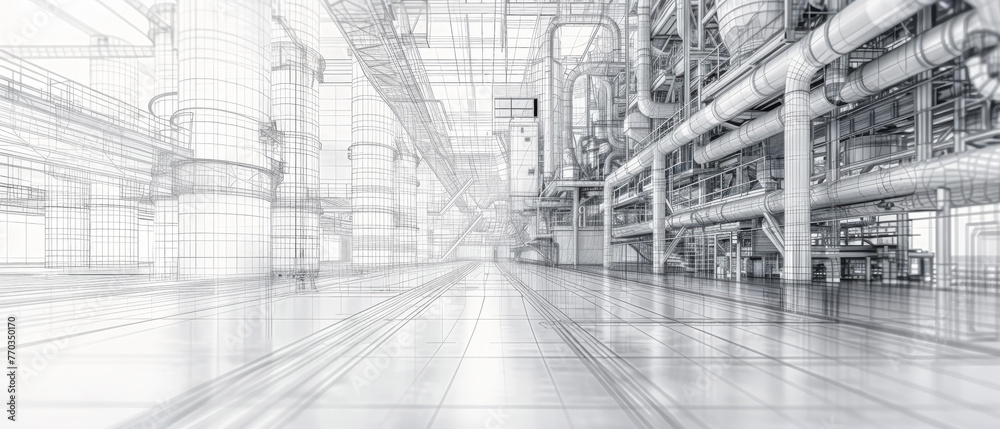 Futuristic wireframe of a factory, production and manufacturing, Futuristic wireframe of a factory, production and manufacturing,