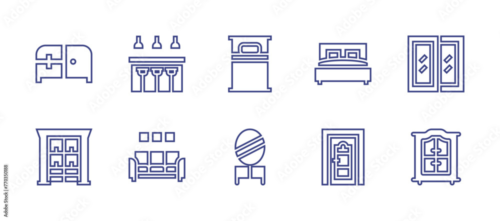 Home furniture line icon set. Editable stroke. Vector illustration. Containing furniture, cabinet, window, door, bed, dinning room, single bed, mirror, sofa.