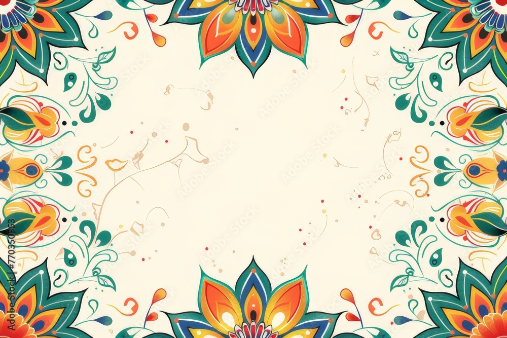 A postcard surrounded by traditional Indian artwork, featuring colorful flower patterns in line art, with a text box in the middle. - obrazy, fototapety, plakaty 