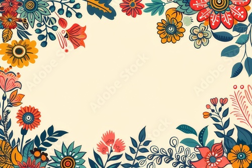 A postcard surrounded by traditional Indian artwork  featuring colorful flower patterns in line art  with a text box in the middle.