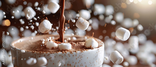 Hot chocolate pour, marshmallows floating, winter comfort