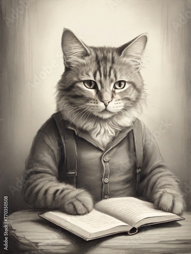 A cat reading a book, pencil drawing style