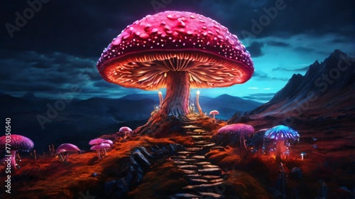 Image of a giant mushroom house on a hilly plateau, bright colors, neon tones