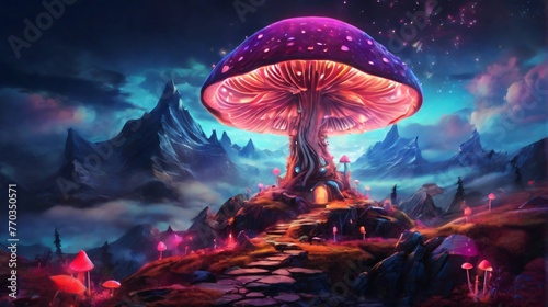 Image of a giant mushroom house on a hilly plateau, bright colors, neon tones