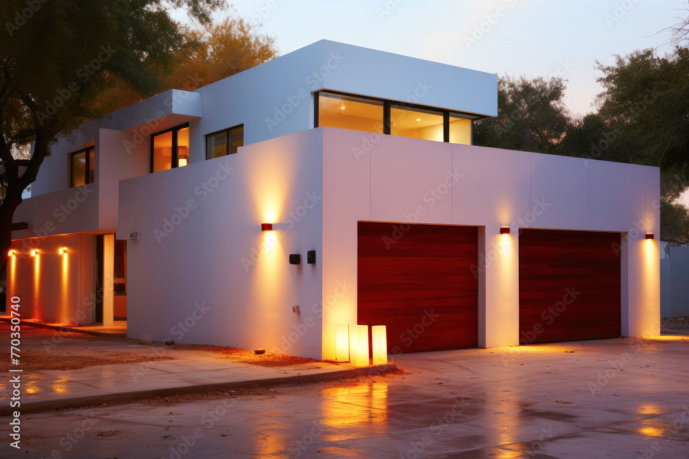 Spacious and modern garage with automatic lifting gates designed to accommodate two cars in a luxurious mansion. The sleek and elegant design adds a touch of extravagance to this architectural marvel. Spacious and modern garage with automatic lifting gates designed to accommodate two cars in a luxurious mansion. The sleek and elegant design adds a touch of extravagance to this architectural marvel.