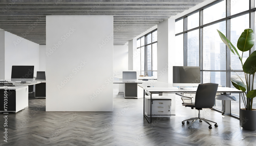 White open space office interior, mock up wall. Generative AI. White open space office interior, mock up wall. Generative AI.