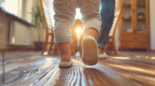 Parent watching child's first steps, family milestones, joyful success photo