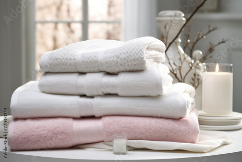 A set of freshly laundered towels in various colors and sizes, soft and fluffy, perfect for bathroom or spa use, bringing comfort and luxury to the environment.