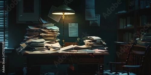 Solitary desk under a lamps halo, drowning in paperwork, the quintessence of latenight diligence