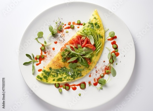 egg omelet with vegetables on a white plate with a white background, in the style of vibrant and lively hues, chicano-inspired, minimalist sets, quantumpunk, grainy, black and white photos, photo