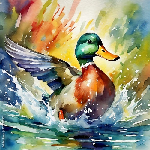 a whimsical wall watercolor painting showcasing a playful duck splashing in shallow waters, with vibrant colors and loose brushwork capturing the joyful energy of the bird's aquatic antics