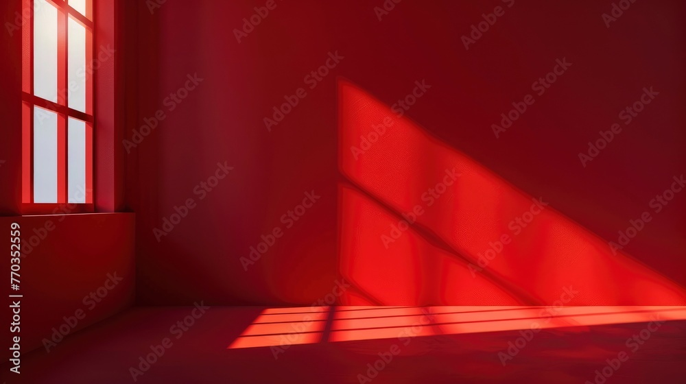 Abstract red studio background for product presentation. Backdrop with shadows of window for display product - generative ai - obrazy, fototapety, plakaty 