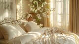 Cozy Bedroom Interior with White Blossoms and Morning Light