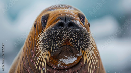 A close-up of a walrus's whiskers, icy background softly blurred, photo
