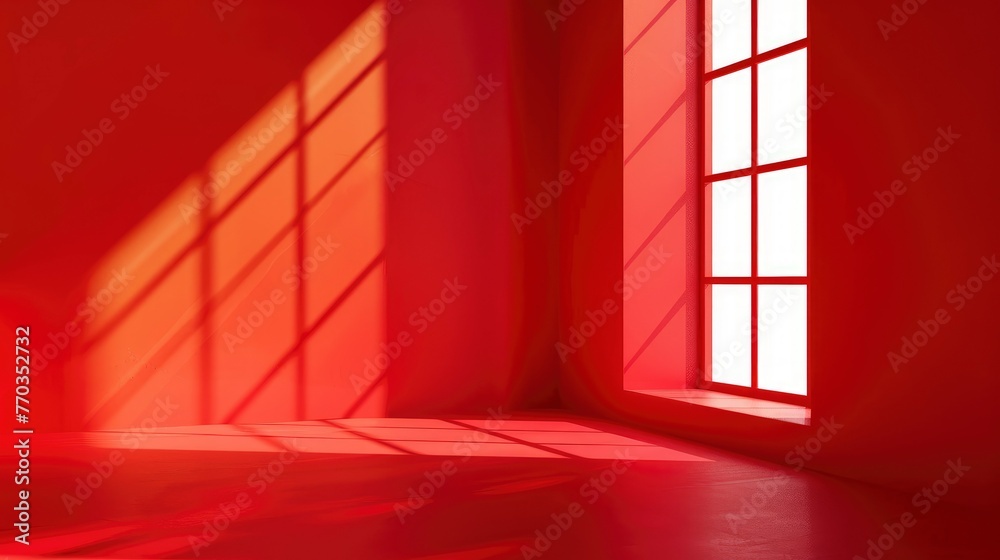 Abstract red studio background for product presentation. Backdrop with shadows of window for display product - generative ai Abstract red studio background for product presentation. Backdrop with shadows of window for display product - generative ai