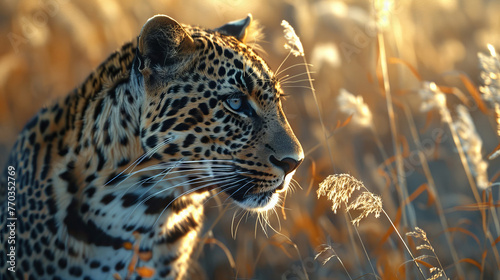 A leopard s spotted fur  savannah grasses softly out of focus 