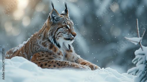 A lynx in the snow, forest backdrop gently blurred,