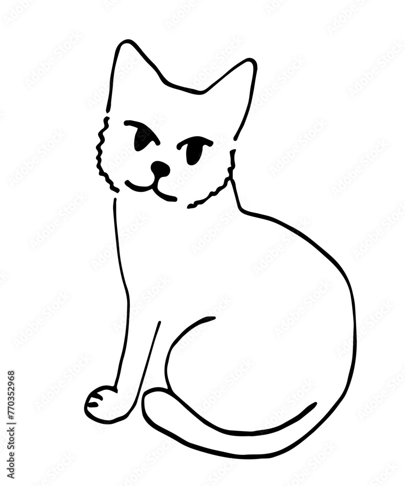 Simple black outline vector drawing. Cute cat in a sitting pose. Pets, animals and nature. - obrazy, fototapety, plakaty 