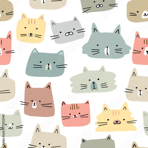 Seamless Pattern with Cartoon Cat Face Design on White Background © Supannee
