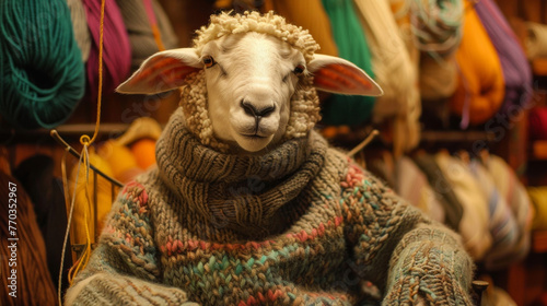 A sheep in a woolly sweater, working at a yarn store,