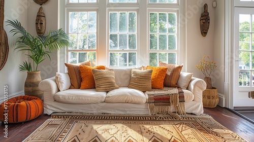 Cozy Living Room with Ethnic Decor and Abundant Natural Light