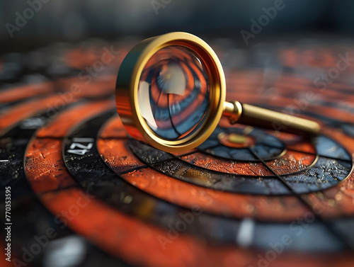 Focused Magnifying Glass Over Target, Detailed Precision and Strategy Execution, Hyper realistic