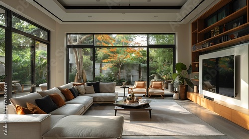 Modern Living Room Interior with Large Windows and Garden View