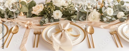 birthday table setting arrangement with gold cutlery, white roses, hydrangeas on the table. Rich people lifestyle concept