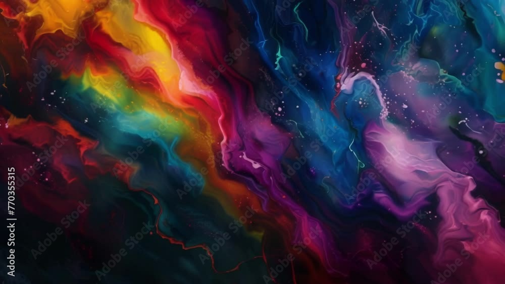 Experience a visual feast as vibrant bands of color collide and intertwine on a deep black backdrop.