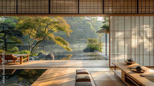 Traditional Japanese Room Overlooking Serene Garden Pond