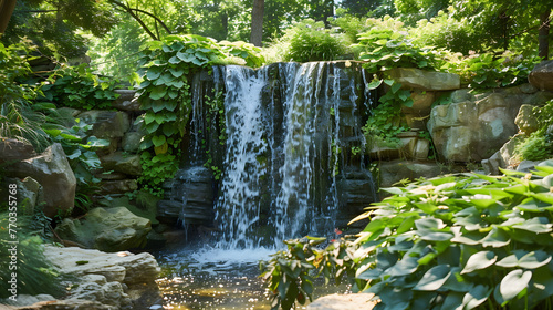 Summer Greenery Framing Waterfall  Highlighting Natural Beauty in Vibrant Seasonal Surroundings