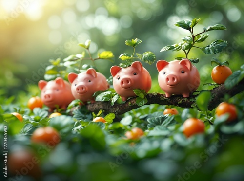 A serene landscape of piggy banks growing on trees, depicting the concept of savings and growth in personal finance