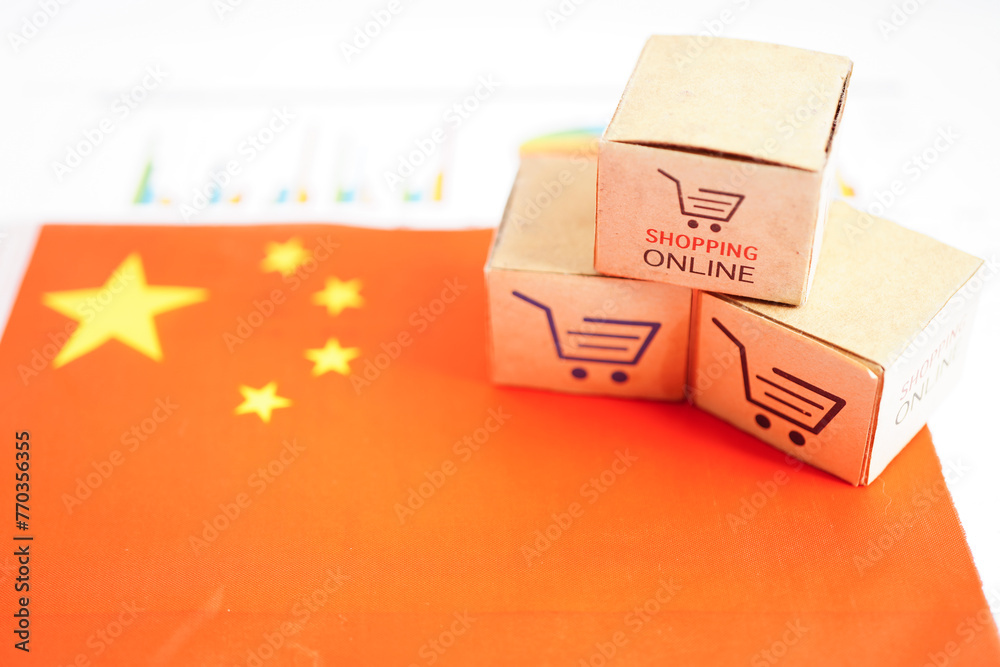 Online shopping, Shopping cart box on China flag, import export, finance commerce. Online shopping, Shopping cart box on China flag, import export, finance commerce.