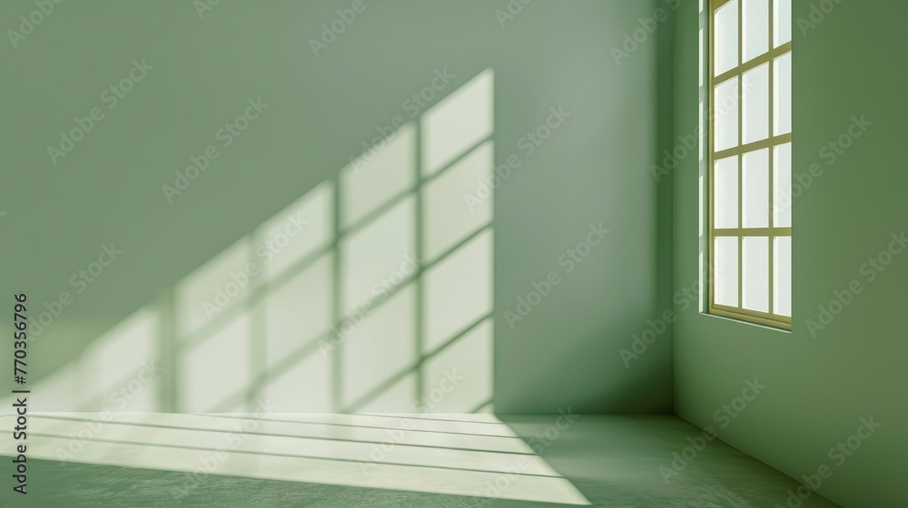 Abstract green studio background for product presentation. Backdrop with shadows of window for display product - generative ai Abstract green studio background for product presentation. Backdrop with shadows of window for display product - generative ai