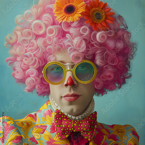 A clown with a pink wig and sunglasses is having a great time entertaining the crowd at a party. Their headgear and eyewear combination is a colorful mix of pink, green, orange, yellow, and magenta