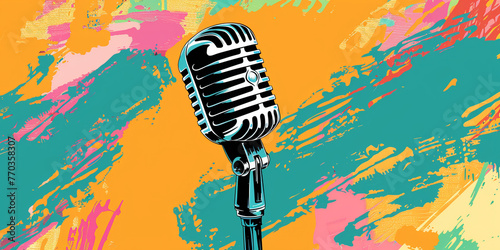 The bold colors of pop art frame a retro microphone, echoing the vibrancy of past melodies and artistic flair.