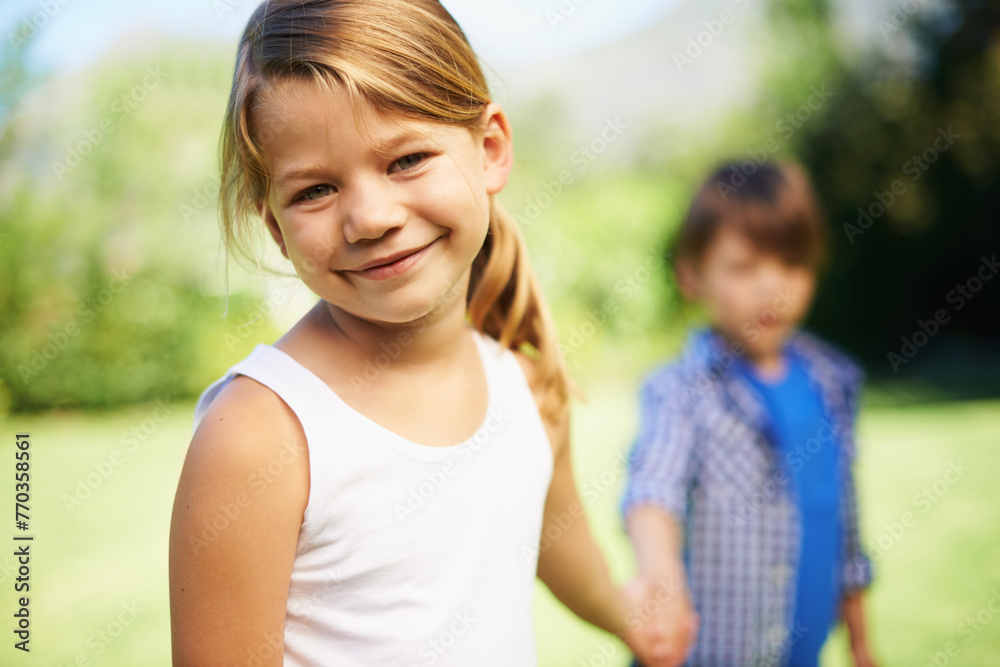Portrait, children and smile of girl outdoor for bonding, love and family holding hands together in summer garden. Face, kids and happy siblings, brother and adorable young sister at park in nature Portrait, children and smile of girl outdoor for bonding, love and family holding hands together in summer garden. Face, kids and happy siblings, brother and adorable young sister at park in nature