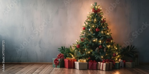 Christmas tree decorated with just lights in minimal style and many different presents on wooden floor