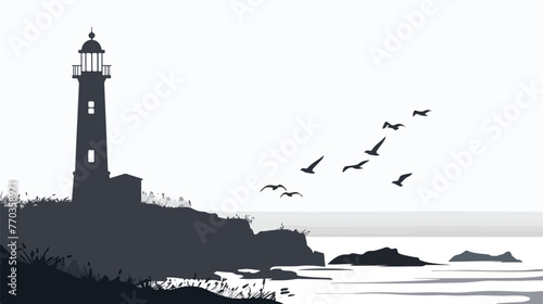 Lighthouse on seaside scenery silhouettes flat vector photo